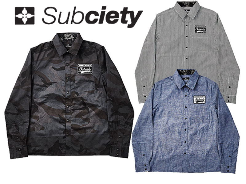 Subciety サブサエティ 長袖シャツ ボタンシャツ ワークシャツ エンブレムシャツ EMBLEM SHIRT L/S-STRIPE- 10331 ストライプ エンブレム 長袖 シャツ ストリートファッション L XL メンズ 刺繍 ワッペン 重ね着 トップス カジュアル アメリカン