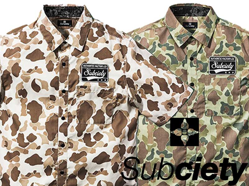 Subciety サブサエティ 半袖シャツ ボタンシャツ エンブレムシャツ ワークシャツ 10412 EMBLEM SHIRTS S/S カモ柄　迷彩　ストリート OLLIE SAMURAI オーリー サムライ