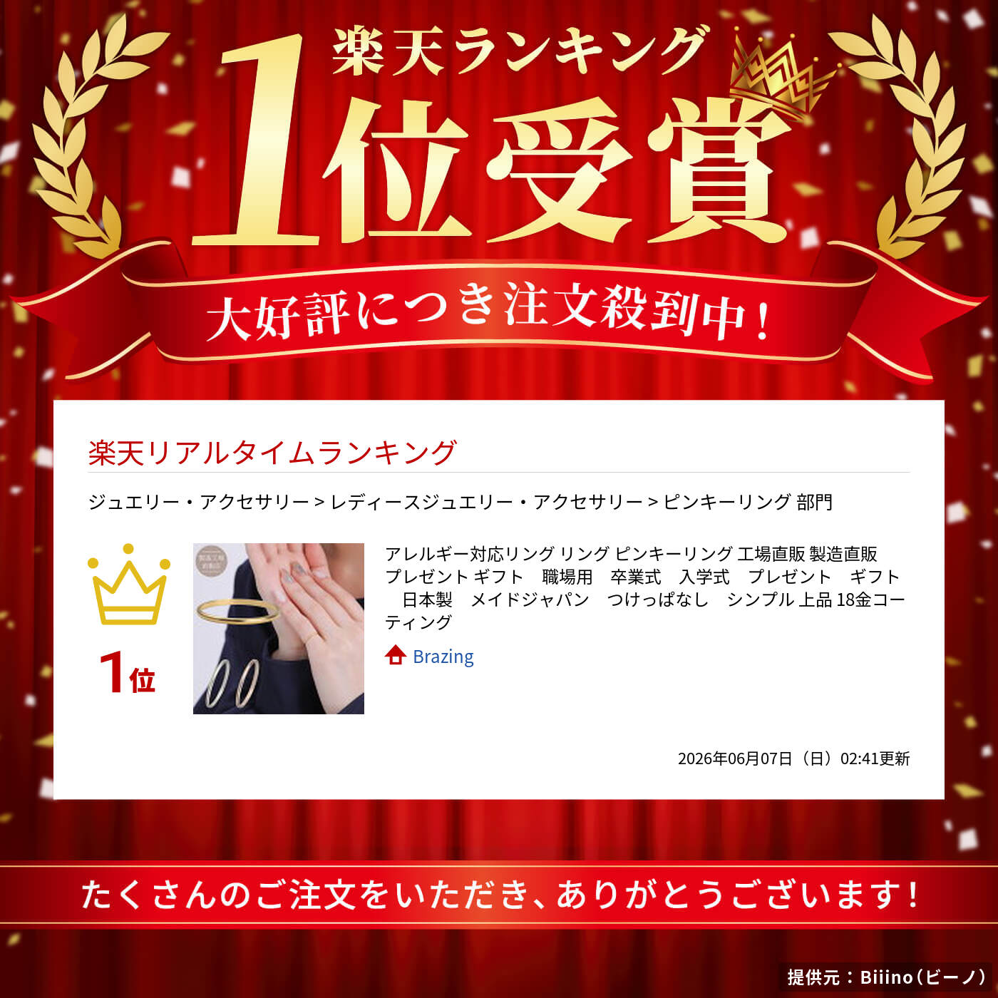 Brazingのアレルギー対応リング リング ピンキーリング 工場直販 製造直販　プレゼント ギフト　職場用　卒業式　入学式　プレゼント　ギフト　日本製　メイドジャパン　つけっぱなし　シンプル 上品 18金コーティング｜アングル2