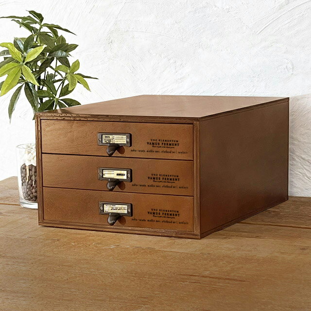 BREA 木製書類ケース A4サイズ アンティーク 3段 プリント入り 引き出し収納 ダークブラウン ブレア