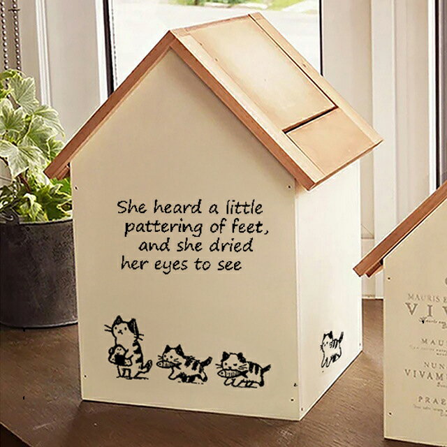 木製 ゴミ箱 6L ダストボックス かわいいネコ 2面プリント おうち型 ふた付き 猫雑貨 BREA