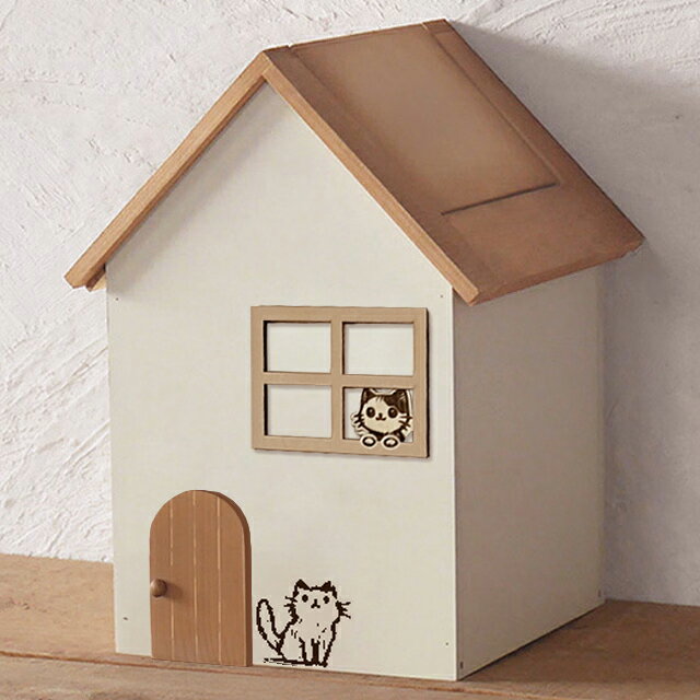 木製 ゴミ箱 6L ダストボックス 窓から猫 No.8 おうち型 ふた付き 猫雑貨 BREA