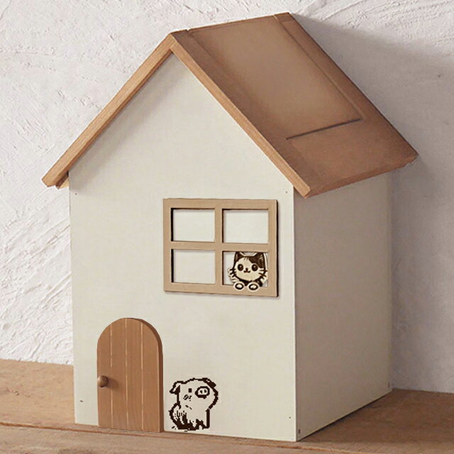 木製 ゴミ箱 6L ダストボックス 窓から猫 No.8 おうち型 ふた付き 猫雑貨 BREA