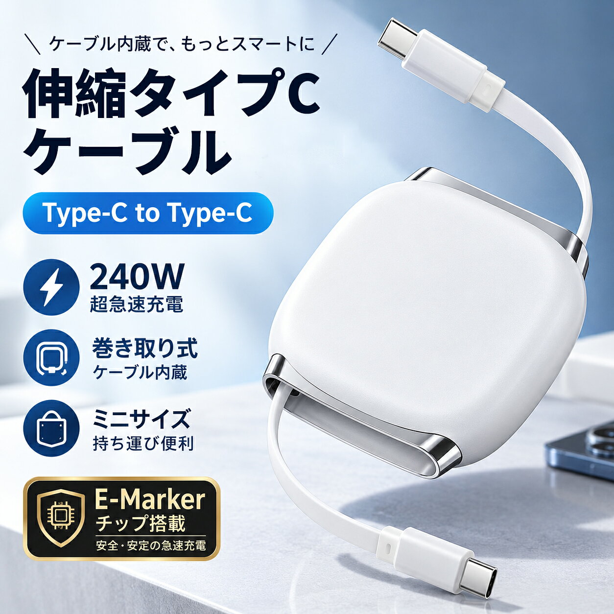 製品名 充電ケーブル 巻き取り タイプc 急速充電 巻き取り Type-C to Type-C 伸縮式 巻き取り充電ケーブル 小型 携帯便利 PD240W 1m 3段階調節 E-Markerチップ マグネット収納 フラット 丈夫 データ転送 iPhone16 ノートPC iPad Switch 送料無料 商品仕様 ■ 製品名：PD240W対応 伸縮式 USB-C to USB-C ケーブル ■ 最大出力：PD 240W ■ データ転送速度：最大 480Mbps ■ ケーブル長さ：最大約 100cm（3段階伸縮調整：35cm / 60cm / 100cm） ■ 伸縮調整方式：片側・両側どちらからでも引き出し対応 ■ 内蔵チップ：E-Markerスマートチップ搭載（過電流保護・過電圧保護・過熱保護） ■ 収納機能：マグネット式コネクタ固定 ■ カラー：ブラック / ホワイト/ブルー/ゴールド ■ 対応機種：ノートPC、タブレット、スマートフォン、ゲーム機（Nintendo Switch等）、その他Type-C対応機器 パッケージ内容 本体 スマホスタンド 【PD 240W超急速充電＆E-Marker搭載】ノートPCからスマホまでこれ1本！ 最大240Wの超高出力パワーデリバリー（PD）に対応し、ノートパソコン、タブレット、スマホ、ゲーム機（Nintendo Switch等）まであらゆるType-C機器をフルスピードで急速充電します。さらに「E-Markerスマートチップ」を内蔵し、接続機器に合わせて電圧・電流を自動制御。過電流・過電圧・過熱を防止し、大切なデバイスを安全かつ安定して充電できます。 【3段階伸縮＆片側/両側引き出し対応】カバンの中でも絡まない！ 使う場所や用途に合わせて、35cm・60cm・100cmの「3段階長さ調節」が可能。従来の巻き取り式ケーブルとは異なり、片側からでも両側からでもスムーズに引き出せるストレスフリー設計です。コネクタ部分にはマグネット（磁石）を内蔵しており、使わない時はピタッとコンパクトに収まるため、バッグやポケットに入れてもコードが絡まらず持ち運びに便利です。 【10000回屈曲テストクリア＆480Mbpsデータ転送】抜群の耐久性と多機能！ しなやかで丈夫なTPE素材のフラットケーブルを採用し、10,000回以上の屈曲・抜き差し試験をクリアした高耐久仕様。断線に強く、毎日のハードな使用にも耐え抜きます。充電だけでなく「最大480Mbpsの高速データ転送」にも対応しているため、PCとスマホ間の写真や動画の同期もこれ1本でサクサク快適に行えます。 ご注意 ※撮影の為、画質等の関係上、色などが実際の商品と若干違ってしまうこともあるかもしれませんがご理解のほどご購入ください。予めご了承ください。 ※更新のタイミングによっては実在庫に相違が出る場合がございます。製品名 充電ケーブル 巻き取り タイプc 急速充電 巻き取り Type-C to Type-C 伸縮式 巻き取り充電ケーブル 小型 携帯便利 PD240W 1m 3段階調節 E-Markerチップ マグネット収納 フラット 丈夫 データ転送 iPhone16 ノートPC iPad Switch 送料無料 商品仕様 ■ 製品名：PD240W対応 伸縮式 USB-C to USB-C ケーブル ■ 最大出力：PD 240W ■ データ転送速度：最大 480Mbps ■ ケーブル長さ：最大約 100cm（3段階伸縮調整：35cm / 60cm / 100cm） ■ 伸縮調整方式：片側・両側どちらからでも引き出し対応 ■ 内蔵チップ：E-Markerスマートチップ搭載（過電流保護・過電圧保護・過熱保護） ■ 収納機能：マグネット式コネクタ固定 ■ カラー：ブラック / ホワイト/ブルー/ゴールド ■ 対応機種：ノートPC、タブレット、スマートフォン、ゲーム機（Nintendo Switch等）、その他Type-C対応機器 パッケージ内容 本体 スマホスタンド 【PD 240W超急速充電＆E-Marker搭載】ノートPCからスマホまでこれ1本！ 最大240Wの超高出力パワーデリバリー（PD）に対応し、ノートパソコン、タブレット、スマホ、ゲーム機（Nintendo Switch等）まであらゆるType-C機器をフルスピードで急速充電します。さらに「E-Markerスマートチップ」を内蔵し、接続機器に合わせて電圧・電流を自動制御。過電流・過電圧・過熱を防止し、大切なデバイスを安全かつ安定して充電できます。 【3段階伸縮＆片側/両側引き出し対応】カバンの中でも絡まない！ 使う場所や用途に合わせて、35cm・60cm・100cmの「3段階長さ調節」が可能。従来の巻き取り式ケーブルとは異なり、片側からでも両側からでもスムーズに引き出せるストレスフリー設計です。コネクタ部分にはマグネット（磁石）を内蔵しており、使わない時はピタッとコンパクトに収まるため、バッグやポケットに入れてもコードが絡まらず持ち運びに便利です。 【10000回屈曲テストクリア＆480Mbpsデータ転送】抜群の耐久性と多機能！ しなやかで丈夫なTPE素材のフラットケーブルを採用し、10,000回以上の屈曲・抜き差し試験をクリアした高耐久仕様。断線に強く、毎日のハードな使用にも耐え抜きます。充電だけでなく「最大480Mbpsの高速データ転送」にも対応しているため、PCとスマホ間の写真や動画の同期もこれ1本でサクサク快適に行えます。 ご注意 ※撮影の為、画質等の関係上、色などが実際の商品と若干違ってしまうこともあるかもしれませんがご理解のほどご購入ください。予めご了承ください。 ※更新のタイミングによっては実在庫に相違が出る場合がございます。