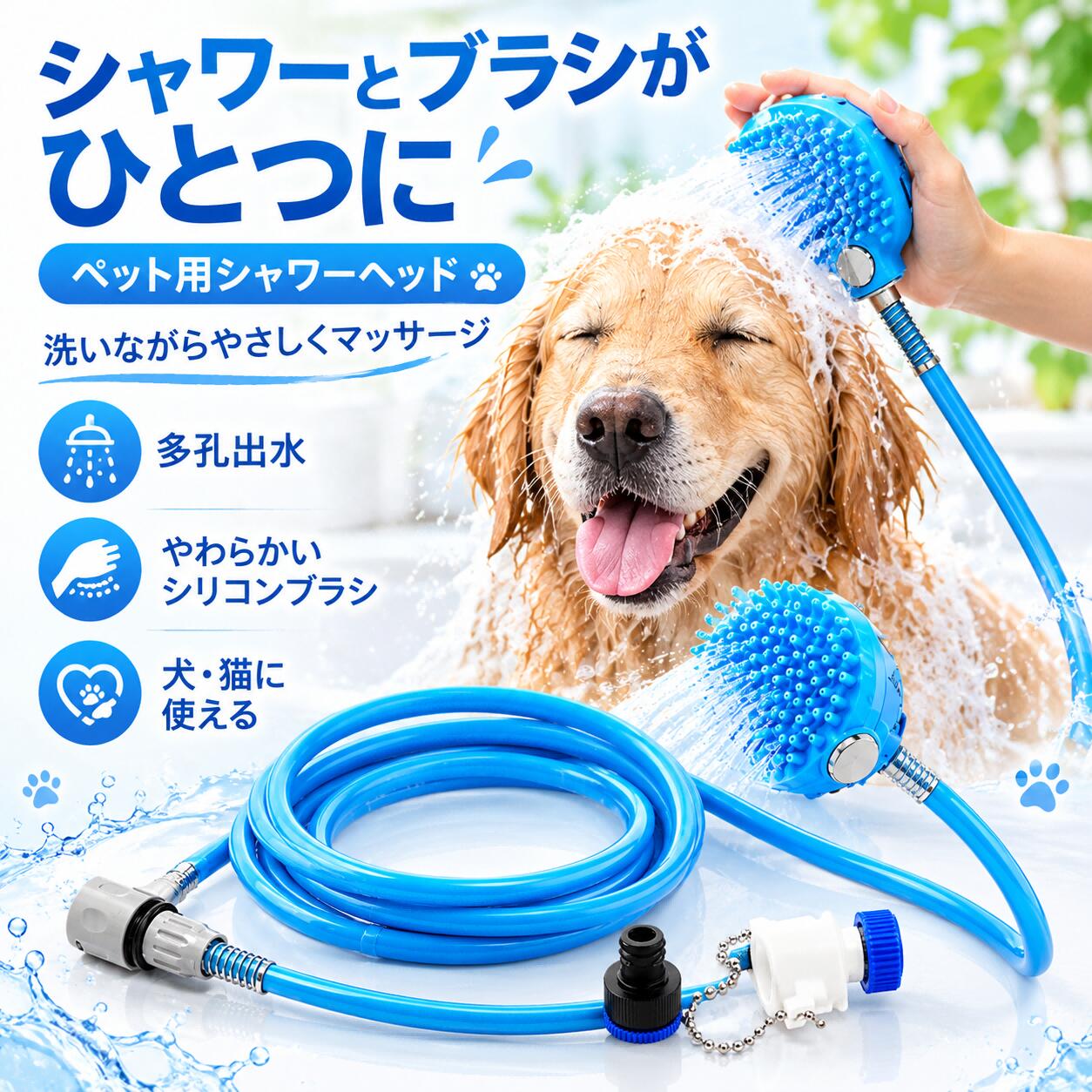 製品名 ペット用シャワーヘッド シャワーブラシ 【万能アダプター付★2in1】 シリコン マッサージ 犬 猫 シャンプー 抜け毛取り 多孔水流 簡単取り付け 室内 屋外 蛇口 工具不要 軽量 持ち運び お風呂 バスグッズ 小型犬 大型犬 商品仕様 商品名：ペット用シャワーヘッド 主な特徴：シャワー ＋ シリコンブラシ一体型 素材：シリコン、金属（ハードウェア）、ABS 本体重量：約408g ヘッド機能：多孔細密水流、高弾力ソフトシリコンブラシ 取付方式：工具不要・ワンタッチ簡単取り付け 対応水栓：シャワーホース、屋外蛇口など（室内・屋外対応） 対象ペット：犬（小型犬〜大型犬）、猫、全ペット対応 パッケージ内容 本体 特徴 【2in1シャワー＆ブラシ】 シャワーと柔らかいシリコンブラシがひとつになった2in1設計！片手でシャワーを浴びせながら、もう片方の手やブラシでやさしくマッサージ＆毛ブラッシングが同時に行えます。水流が毛穴や被毛の奥までしっかり届く多孔水流を採用し、シャンプーの泡立ち・泡切れも抜群。お風呂が苦手なペットも気持ちよく快適に洗えます。 【お風呂場・お庭の蛇口にワンタッチ即装着】 「家のシャワーや蛇口に合うか心配…」というお悩みを解決する多機能アダプターセットが付属！工具不要で誰でも簡単に取り付けが可能です。浴室のシャワーホースはもちろん、単水栓・混合水栓・屋外の蛇口まで幅広く対応。お風呂場でのシャンプーだけでなく、お散歩後の足洗いやお庭での水遊びにも大活躍します。 【肌に優しいシリコン＆高耐久ABS】ヘッドには肌あたりの良いソフトシリコン素材を採用し、デリケートなペットの皮膚を傷つけず、浮いた抜け毛もしっかりキャッチ。毛が絡みにくく使用後のお手入れも簡単です。本体は耐久性に優れたABS・金属・シリコンの高品質構造ながら、約408gの軽量・持ちやすいグリップ設計で、長時間の洗体でも手が疲れません。 ご注意 ※撮影の為、画質等の関係上、色などが実際の商品と若干違ってしまうこともあるかもしれませんがご理解のほどご購入ください。予めご了承ください。 ※更新のタイミングによっては実在庫に相違が出る場合がございます。製品名 ペット用シャワーヘッド シャワーブラシ 【万能アダプター付★2in1】 シリコン マッサージ 犬 猫 シャンプー 抜け毛取り 多孔水流 簡単取り付け 室内 屋外 蛇口 工具不要 軽量 持ち運び お風呂 バスグッズ 小型犬 大型犬 商品仕様 商品名：ペット用シャワーヘッド 主な特徴：シャワー ＋ シリコンブラシ一体型 素材：シリコン、金属（ハードウェア）、ABS 本体重量：約408g ヘッド機能：多孔細密水流、高弾力ソフトシリコンブラシ 取付方式：工具不要・ワンタッチ簡単取り付け 対応水栓：シャワーホース、屋外蛇口など（室内・屋外対応） 対象ペット：犬（小型犬〜大型犬）、猫、全ペット対応 パッケージ内容 本体 特徴 【2in1シャワー＆ブラシ】 シャワーと柔らかいシリコンブラシがひとつになった2in1設計！片手でシャワーを浴びせながら、もう片方の手やブラシでやさしくマッサージ＆毛ブラッシングが同時に行えます。水流が毛穴や被毛の奥までしっかり届く多孔水流を採用し、シャンプーの泡立ち・泡切れも抜群。お風呂が苦手なペットも気持ちよく快適に洗えます。 【お風呂場・お庭の蛇口にワンタッチ即装着】 「家のシャワーや蛇口に合うか心配…」というお悩みを解決する多機能アダプターセットが付属！工具不要で誰でも簡単に取り付けが可能です。浴室のシャワーホースはもちろん、単水栓・混合水栓・屋外の蛇口まで幅広く対応。お風呂場でのシャンプーだけでなく、お散歩後の足洗いやお庭での水遊びにも大活躍します。 【肌に優しいシリコン＆高耐久ABS】ヘッドには肌あたりの良いソフトシリコン素材を採用し、デリケートなペットの皮膚を傷つけず、浮いた抜け毛もしっかりキャッチ。毛が絡みにくく使用後のお手入れも簡単です。本体は耐久性に優れたABS・金属・シリコンの高品質構造ながら、約408gの軽量・持ちやすいグリップ設計で、長時間の洗体でも手が疲れません。 ご注意 ※撮影の為、画質等の関係上、色などが実際の商品と若干違ってしまうこともあるかもしれませんがご理解のほどご購入ください。予めご了承ください。 ※更新のタイミングによっては実在庫に相違が出る場合がございます。