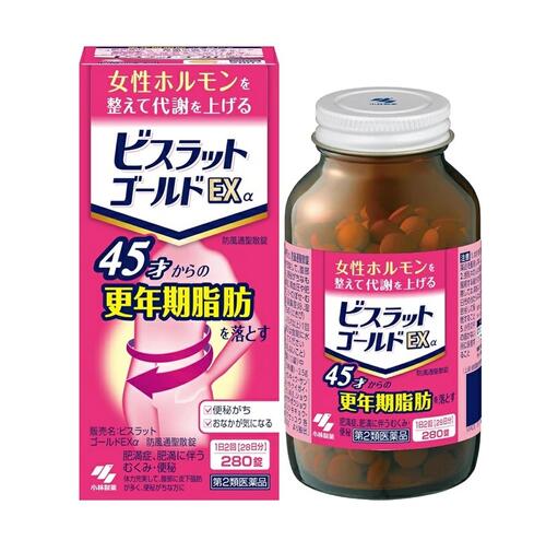 【製品特徴】 女性ホルモンを整えて代謝を上げる 45才からの更年期脂肪を落とす お通じの改善は、効き目※のサインです。 ※肥満に伴う便秘に対する効果 【更年期脂肪ってなに？】 更年期は45才頃から 女性ホルモンが急激に減少することで、代謝が低下します。 すると食べる量は変わらないのに脂肪がつきやすくなります。 これを“更年期脂肪”と名付けました。 【成分・分量】 成分(1日量：10錠中) 防風通聖散エキス（50％量） 2.5g トウキ 0.60g　シャクヤク0.60g　センキュウ 0.60g　サンシシ 0.60g　レンギョウ0.60g ハッカ 0.60g　ケイガイ0.60g　ボウフウ 0.60g　マオウ0.60g　ショウキョウ 0.15g ダイオウ 0.75g　ボウショウ 0.75g　ビャクジュツ1.00g　キキョウ1.00g　オウゴン 1.00g カンゾウ 1.00g　セッコウ 1.00g　カッセキ 1.50gより抽出 添加物として、無水ケイ酸、ケイ酸Al、CMC-Ca、ステアリン酸Mg、トウモロコシデンプンを含有する 本剤は天然物（生薬）を用いているため、錠剤の色が多少異なることがあります 【効能・効果】 体力充実して、腹部に皮下脂肪が多く、便秘がちなものの次の諸症： 肥満症、高血圧や肥満に伴う動悸・肩こり・のぼせ・むくみ・便秘、蓄膿症（副鼻腔炎）、湿疹・皮ふ炎、ふきでもの（にきび） 【用法・用量】 次の量を食前又は食間に水又はお湯で服用してください 年齢 　　　　　　1回量 　　　服用回数 大人（15才以上） 5錠　　　　1日2回 15才未満 　　　　　× 服用しないこと 【用法・用量に関連する注意】 (1)定められた用法・用量を厳守すること (2)吸湿しやすいため、服用のつどキャップ（70錠はチャック）をしっかりしめること 食間とは「食事と食事の間」を意味し、食後約2～3時間のことをいいます 【使用上の注意】 してはいけないこと（守らないと現在の症状が悪化したり、副作用が起こりやすくなる） 1．本剤を服用している間は、次の医薬品を服用しないこと：他の瀉下薬（下剤） 2．授乳中の人は本剤を服用しないか、本剤を服用する場合は授乳をさけること 【相談すること】 1．次の人は服用前に医師、薬剤師又は登録販売者に相談すること (1)医師の治療を受けている人 (2)妊婦又は妊娠していると思われる人 (3)体の虚弱な人（体力の衰えている人、体の弱い人） (4)胃腸が弱く下痢しやすい人 (5)発汗傾向の著しい人 (6)高齢者 (7)今までに薬などにより発疹・発赤、かゆみ等を起こしたことがある人 (8)次の症状のある人：むくみ、排尿困難 (9)次の診断を受けた人：高血圧、心臓病、腎臓病、甲状腺機能障害 2．服用後、次の症状があらわれた場合は副作用の可能性があるので、直ちに服用を中止し、製品のパッケージを持って医師、薬剤師又は登録販売者に相談すること 関係部位 症状 皮ふ 発疹・発赤、かゆみ 消化器 吐き気・嘔吐、食欲不振、胃部不快感、腹部膨満、はげしい腹痛を伴う下痢、腹痛 精神神経系 めまい その他 発汗、動悸、むくみ、頭痛 まれに下記の重篤な症状が起こることがある。その場合は直ちに医師の診療を受けること 症状の名称 症状 間質性肺炎 階段を上ったり、少し無理をしたりすると息切れがする・息苦しくなる、空せき、発熱等がみられ、これらが急にあらわれたり、持続したりする 偽アルドステロン症、　　手足のだるさ、しびれ、つっぱり感やこわばりに加えて、脱力感、筋肉痛があらわれ、徐々に強くなる ミオパチー　　　　　　　 肝機能障害 発熱、かゆみ、発疹、黄だん（皮ふや白目が黄色くなる）、褐色尿、全身のだるさ、食欲不振等があらわれる 腸間膜静脈硬化症 長期服用により、腹痛、下痢、便秘、腹部膨満等が繰り返しあらわれる 3．服用後、次の症状があらわれることがあるので、このような症状の持続又は増強が見られた場合には、服用を中止し、製品のパッケージを持って医師、薬剤師又は登録販売者に相談すること：下痢、便秘　 4．1ヶ月位（便秘に服用する場合には1週間位）服用しても症状がよくならない場合は服用を中止し、製品のパッケージを持って医師、薬剤師又は登録販売者に相談すること 5．長期連用する場合には、医師、薬剤師又は登録販売者に相談すること 【保管及び取扱い上の注意】 (1) 直射日光の当たらない湿気の少ない涼しい所に密栓して（70錠はチャックをしっかりしめて）保管すること (2) 小児の手の届かない所に保管すること (3) 他の容器に入れ替えないこと（誤用の原因になったり品質が変わる） (4) 本剤をぬれた手で扱わないこと (5) 210錠・280錠のビンの中の詰め物は輸送時の破損防止用なので開封時に捨てること 【発売元】 小林製薬株式会社 〒541-0045 大阪市中央区道修町4-4-10 小林製薬お客様相談室 0120-5884-01（9時から17時）（土・日・祝を除く） 【広告文責】 ウレシン薬店