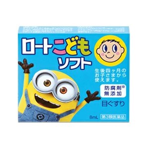 【特徴】 たいせつなお子さまに。やさしさにこだわった目薬 小さなお子さまの瞳には、やさしさにこだわった目薬を使ってあげたいものです。 「ロートこどもソフト」は、防腐剤無添加。 さらに、無香料・無着色・界面活性剤フリー・清涼化剤フリー・非刺激性なので、小さなお子さまにもお使いいただけます。 なみだに近いpHで、しみないさし心地です。 【使用上の注意】 ■相談すること 1．次の人は使用前に医師又は薬剤師にご相談ください。 （1）医師の治療を受けている人 （2）本人又は家族がアレルギー体質の人 （3）薬によりアレルギー症状を起こしたことがある人 （4）次の症状のある人 　はげしい目の痛み （5）次の診断を受けた人 　緑内障 2．次の場合は、直ちに使用を中止し、この説明書を持って医師又は薬剤師にご相談ください。 （1）使用後、次の症状が現われた場合 ［関係部位：症状］ 皮ふ：発疹・発赤、かゆみ 目：充血、かゆみ、はれ （2）目のかすみが改善されない場合 （3）2週間位使用しても症状がよくならない場合 【効果・効能】 眼病予防（水泳のあと、ほこりや汗が目に入ったときなど）、結膜充血、目のかゆみ、目の疲れ、眼瞼炎（まぶたのただれ）、目のかすみ（目やにの多いときなど）、紫外線その他の光線による眼炎（雪目など）、ハードコンタクトレンズを装着しているときの不快感 【 用法・用量】 15歳未満、1回2～3滴、1日5～6回点眼してください。 【剤形】 液剤 【成分・分量】 アミノエチルスルホン酸…1％ マレイン酸クロルフェニラミン…0.03％ ビタミンB6…0.05％ L-アスパラギン酸カリウム…0.2％ ※添加物として、ホウ酸、ホウ砂、pH調節剤を含有する。 【 医薬品の保管及び取り扱い上の注意】 (1)直射日光の当たらない湿気の少ない涼しい所に密栓して保管してください。 (2)小児の手の届かない所に保管してください。 (3)他の容器に入れ替えないでください。(誤用の原因になったり品質が変わります) (4)使用期限を過ぎた製品は使用しないでください。 【 区分 日本製・【第3類医薬品】 【お問合せ先】 ロート製薬株式会社 〒544-8666 大阪市生野区巽西1－8－1 お客様安心サポートデスク 03-5442-6020（東京） 06-6758-1230（大阪） 受付時間 9：00～18：00 (祝日を除く) ■発売元：ロート製薬株式会社 広告文責 ウレシン薬店