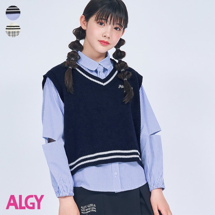 ニットベスト＆ネクタイ付きシャツセット ▽▽ 女の子 ALGY アルジー 子供服 ブランド キッズ ベビー おそろい 長袖シャツ ブラウス ベスト かわいい 秋服 秋 秋物 新作 エフオー FO △△ g416043のサムネイル