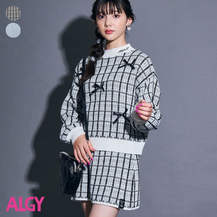【新作】りぼんニット＆スカートセットアップ ▽▽ 女の子 ALGY アルジー 子供服 ブランド キッズ ベビー おそろい リンクコーデ セーター 長袖 ミニ丈 ひざ丈 おしゃれ かわいい 冬服 冬 冬物 エフオー FO △△ g525023のサムネイル