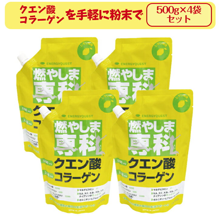 4袋セット 燃やしま専科 レモン風味 500g エナジークエスト スポーツドリンク 粉末 サプリメント ダイエット クエン酸 コラーゲン オルニチン ナイアシン パントテン酸