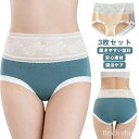 【送料無料】ハイウエスト 3枚セット スタンダードショーツ レースショーツ 下着 ストレッチ 暖かい 花柄レース インナー 股上深め ショーツ(4)