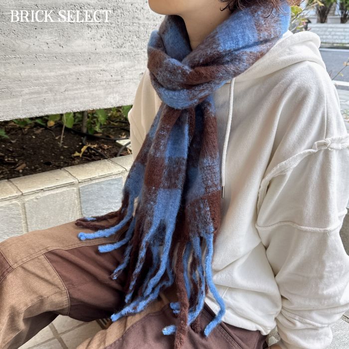 【20％OFF】ふわふわチェックマフラー かわいい ニット ストール レディース 秋冬 ユニセックス ペア マフラー ファッション小物 大判 無地 羽織り ひざ掛け ショール 韓国 おしゃれ フリンジ チェック