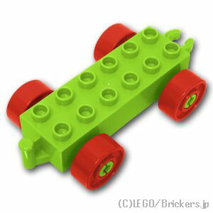 レゴ デュプロ パーツ カーベース 2 x 6 レッドホイール ヒンジ付き タイプ2 [ Lime / ライム ] | 大きいレゴブロック 車 車体 シャーシ