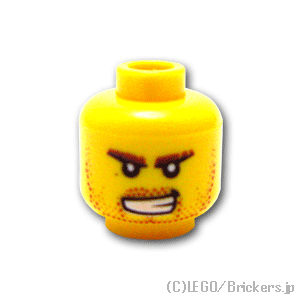 レゴ パーツ ミニフィグ ヘッド - 無精ひげと茶色の眉毛のにやり顔 [ Yellow / イエロー ] | LEGO純正品の バラ 売り