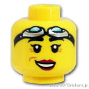 レゴ パーツ ミニフィグ ヘッド - 丸ゴーグルと余裕のある女性の笑顔 / 考え込む顔 [ Yellow / イエロー ] | LEGO純正品の バラ 売り