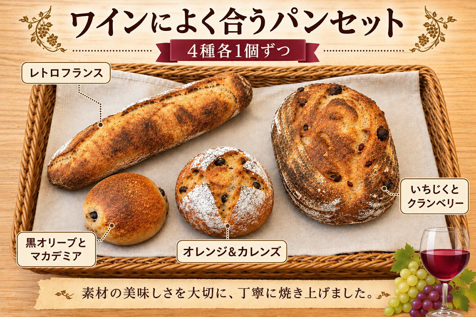 薪窯で香ばしく焼かれたこのパン達は、ワインとの相性が抜群です。厳選された素材を使用し、職人の技術で丁寧に焼き上げられたパンは、外はカリッと中はふんわりとした食感を楽しめます。ワインの風味を引き立てる絶妙な味わいが、特別なひとときを演出します。友人や家族との集まりや、特別なディナーの際に最適なこのパンセットで、ワインとのペアリングをお楽しみください。お召し上がり方：常温で解凍（4~6時間）してお早めにお召し上がりください。お好みでトースターで軽く温めても美味しくいただけます。※焼きすぎると固くなります、ご注意ください。薪窯で香ばしく焼かれたこのパン達は、ワインとの相性が抜群です。厳選された素材を使用し、職人の技術で丁寧に焼き上げられたパンは、外はカリッと中はふんわりとした食感を楽しめます。ワインの風味を引き立てる絶妙な味わいが、特別なひとときを演出します。友人や家族との集まりや、特別なディナーの際に最適なこのパンセットで、ワインとのペアリングをお楽しみください。お召し上がり方：常温で解凍（4~6時間）してお早めにお召し上がりください。お好みでトースターで軽く温めても美味しくいただけます。※焼きすぎると固くなります、ご注意ください。