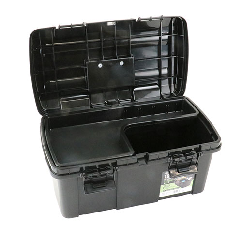 便利な両開きの工具箱で、フタも外すことができます。道具・工具の収納や持運び高さのある工具、道具も収納可能です。200mmスプレー缶も収納できます。サイズ：幅460×高さ265×奥行233mm耐荷重：約400kg高耐衝撃性コーポリマー付属品：中皿1枚、仕切4枚