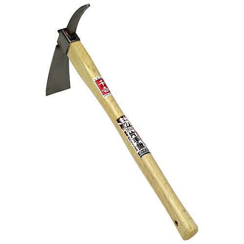 小型で軽量、柄は持ちやすく加工した樫を使用した片手鍬です。土起こし、穴掘り樫の柄を使用しているので、ハードな作業にも耐久性があります。抜けにくく安全に作業が行えるL型クサビを使用しています。ヘッド部はステンレスなので、錆びにくいです。ヘッド部は幅広とピッケルの2つの用途で使用できます。サイズ：幅50×高さ395×奥行235mm重量：458gタイプ：ピッケル柄長：385mm鍬側(約)：刃幅50mm×刃長110mmピッケル側(約)：100mmヘッド部：ステンレス(420J2)柄：樫※ガタつき、ゆるみがある場合はクサビをハンマー等で打ち込んで下さい。