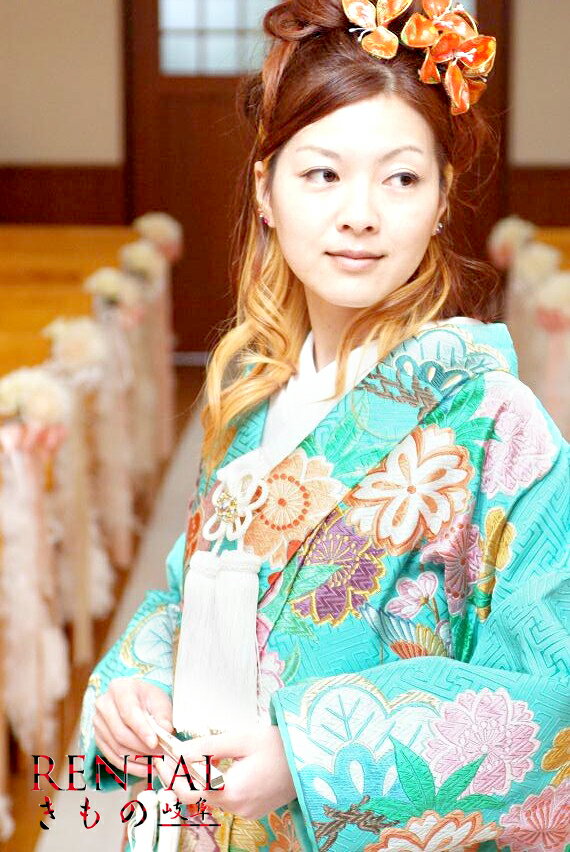 096U【花嫁緑色打掛一式レンタル/4泊5日/往復送料無料】《花嫁 衣装 貸衣装 打ち掛け 打掛 色打掛 新和..