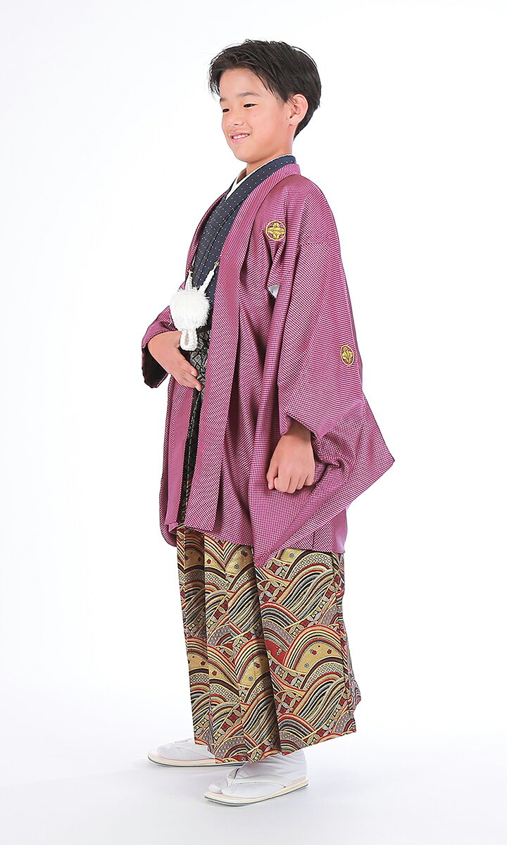 【レンタル】 小学生 男子 袴セット 卒業式 (HK_B48) 140cm 150cm 160cm 黒 紫 縞 市松模様 男の子 男児 小学校 10歳 13歳 袴 はかま ハカマ フルセット 貸衣装 和装 卒業袴 卒業 ハーフ成人式 結婚式 【往復送料無料】