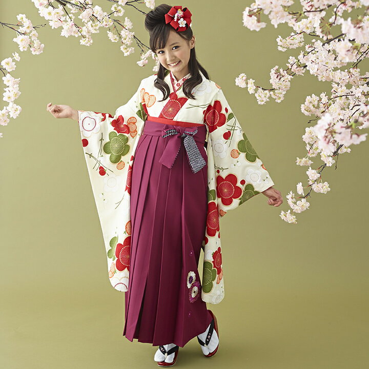 Rakuten - 【レンタル】 小学生 女子 袴セット 卒業式 (HK_11) 150cm 160cm 白 赤 梅 松葉 モダン柄 女の子 女児 小学校 10歳 13歳 袴 はかま ハカマ フルセット 貸衣装 和装 卒業袴 卒業 ハーフ成人式 結婚式 十三詣 【往復送料無料】