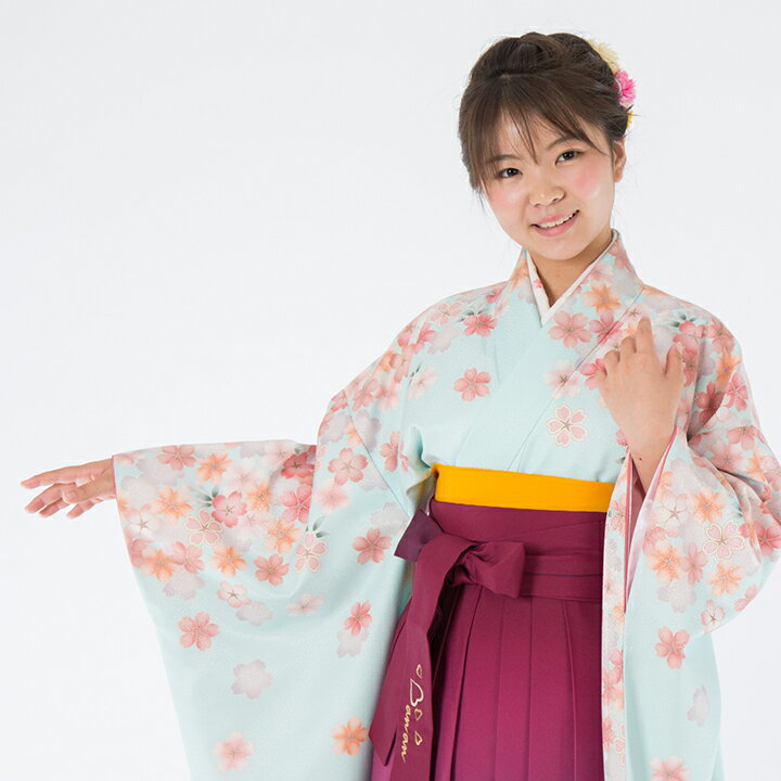 Rakuten - 【レンタル】 小学生 女子 袴セット 卒業式 (HK_132) 140cm 150cm 水色 エンジ色 桜 ハート 女の子 女児 小学校 10歳 13歳 袴 はかま ハカマ フルセット 貸衣装 和装 卒業袴 卒業 ハーフ成人式 結婚式 十三詣 【往復送料無料】