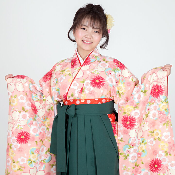 Rakuten - 【レンタル】 小学生 女子 袴セット 卒業式 (HK_03) 140cm 150cm ピンク 緑 桜 菊 女の子 女児 小学校 10歳 13歳 袴 はかま ハカマ フルセット 貸衣装 和装 卒業袴 卒業 ハーフ成人式 結婚式 十三詣 【往復送料無料】