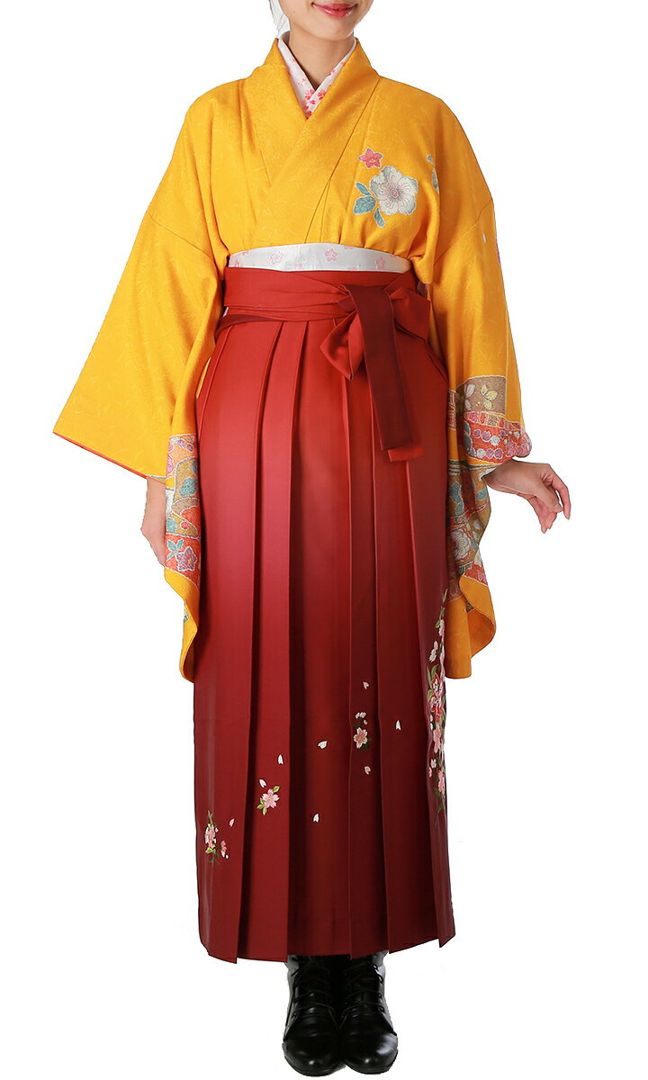 【レンタル】 レディース 袴セット 卒業式 (HK-110) 140cm 150cm 黄色 赤 辻が花風 桜 女性 レディース 成人 二十歳 20歳 18歳 袴 はかま ハカマ フルセット 貸衣装 和装 卒業袴 成人袴 成人式 式典 【往復送料無料】