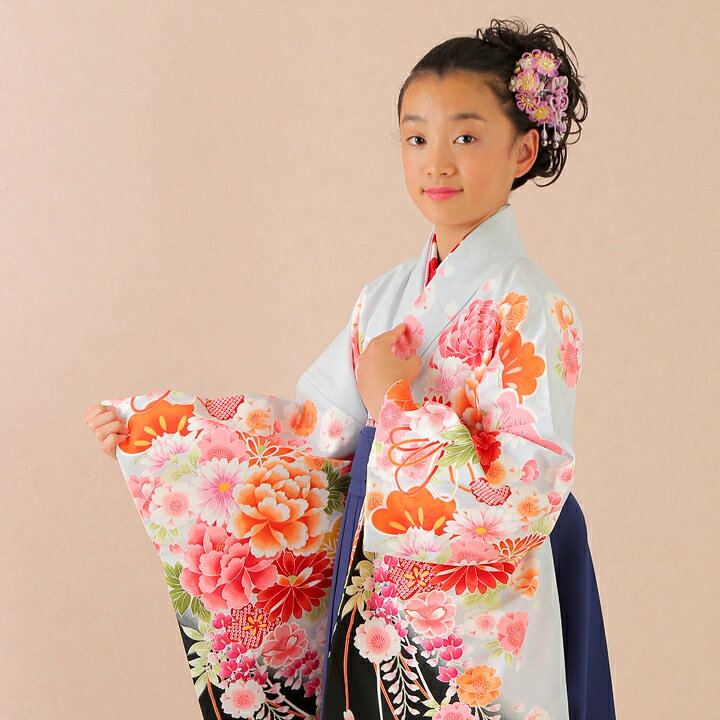 Rakuten - 【レンタル】 小学生 女子 袴セット 卒業式 (HK_18) 150cm 160cm 薄水色 紺 牡丹 桜 菊 女の子 女児 小学校 10歳 13歳 袴 はかま ハカマ フルセット 貸衣装 和装 卒業袴 卒業 ハーフ成人式 結婚式 十三詣 【往復送料無料】