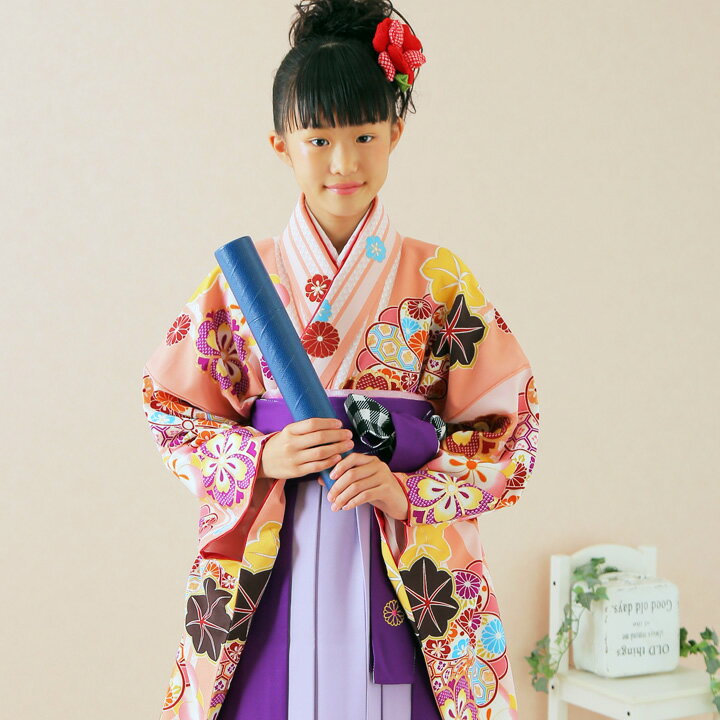 Rakuten - 【レンタル】 小学生 女子 袴セット 卒業式 (HK_78) 150cm 160cm サーモンピンク 紫 捻梅 菊 女の子 女児 小学校 10歳 13歳 袴 はかま ハカマ フルセット 貸衣装 和装 卒業袴 卒業 ハーフ成人式 結婚式 十三詣 【往復送料無料】