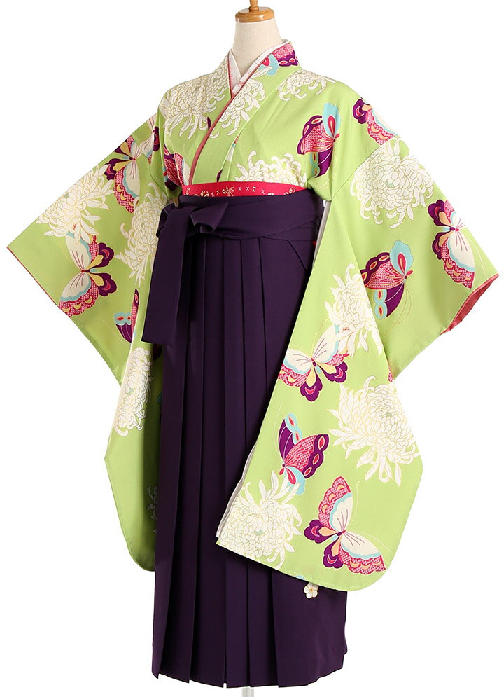 Rakuten - 【レンタル】 小学生 女子 袴セット 卒業式 (HK_10) 150cm 160cm 黄緑 紫 菊 蝶々 女の子 女児 小学校 10歳 13歳 袴 はかま ハカマ フルセット 貸衣装 和装 卒業袴 卒業 ハーフ成人式 結婚式 十三詣 【往復送料無料】