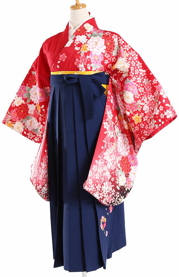 Rakuten - 【レンタル】 小学生 女子 袴セット 卒業式 (HK_24) 140cm 150cm 赤花柄 女の子 女児 小学校 10歳 13歳 袴 はかま ハカマ フルセット 貸衣装 和装 卒業袴 卒業 ハーフ成人式 結婚式 十三詣 【往復送料無料】