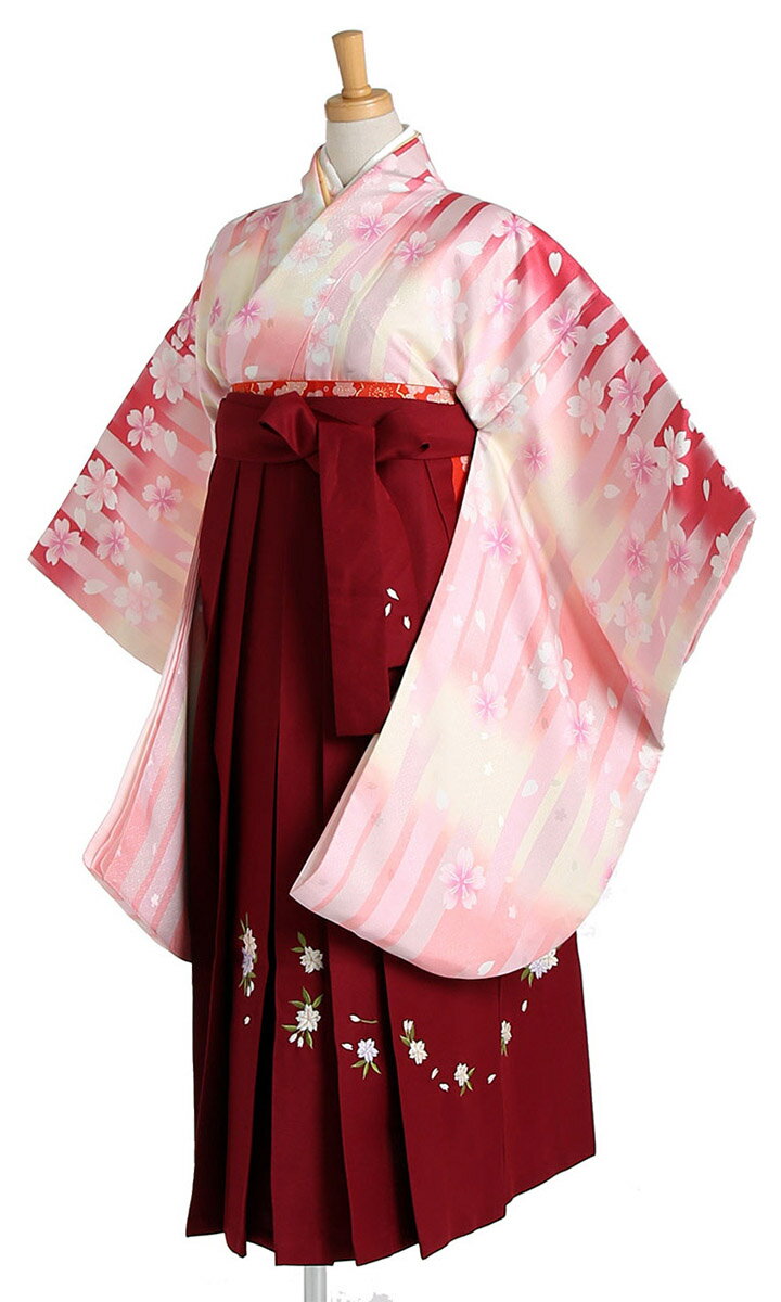 Rakuten - 【レンタル】 小学生 女子 袴セット 卒業式 (HK_40) 150cm 160cm ピンク 赤 桜 縞 女の子 女児 小学校 10歳 13歳 袴 はかま ハカマ フルセット 貸衣装 和装 卒業袴 卒業 ハーフ成人式 結婚式 十三詣 【往復送料無料】