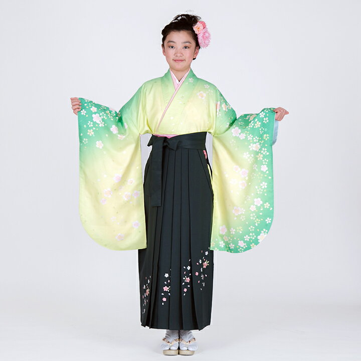【レンタル】 小学生 女子 袴セット 卒業式 (HK_43) 150cm 160cm 黄緑 黄色 濃緑 桜 女の子 女児 小学校 10歳 13歳 袴 はかま ハカマ フルセット 貸衣装 和装 卒業袴 卒業 ハーフ成人式 結婚式 十三詣 【往復送料無料】