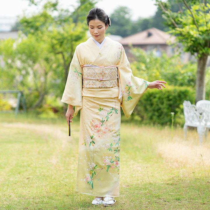 【レンタル】高級正絹 訪問着 フルセットレンタル 訪問着 薄い黄色 桜 レンタル（HO-MA598）結婚式 列..