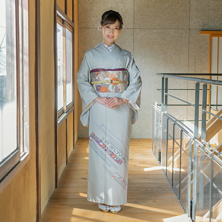Rakuten - 【レンタル】訪問着 フルセットレンタル 訪問着 絹鼠色 蔓帯文様 レンタル（HO-MI214P）結婚式 列席衣装 訪問着 レンタル 入学式 卒業式 お茶会 パーティー 叔母 親戚 叙勲 式典着物