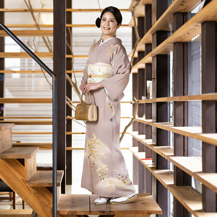 【レンタル】高級正絹 訪問着 フルセットレンタル 訪問着 茶鼠色 菊・萩・桔梗 レンタル（HO-MI220）結婚式 列席衣装 訪問着 レンタル 入学式 卒業式 お茶会 パーティー 叔母 親戚 叙勲 式典着物 小柄な方用