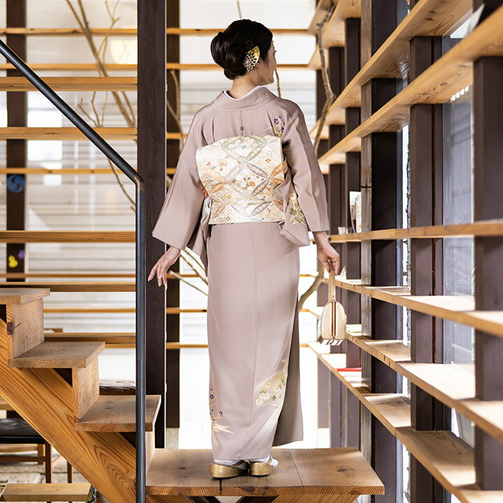 【レンタル】高級正絹 訪問着 フルセットレンタル 訪問着 茶鼠色 菊・萩・桔梗 レンタル（HO-MI220）結婚式 列席衣装 訪問着 レンタル 入学式 卒業式 お茶会 パーティー 叔母 親戚 叙勲 式典着物 小柄な方用