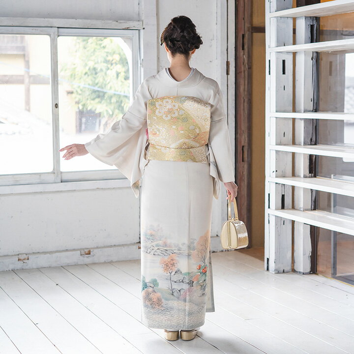 【レンタル 】高級正絹 訪問着 フルセットレンタル 訪問着 白練色 金閣寺と庭園 レンタル（HO-MI224）結婚式 列席衣装 訪問着 レンタル 入学式 卒業式 お茶会 パーティー 叔母 親戚 叙勲 式典着物