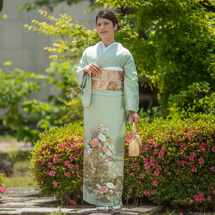 【レンタル 高級正絹 色留袖 フルセットレンタル】 若葉色 花車（ITS-MI111）留袖 レンタル 色留袖 結婚式 母親 衣装 入学式 卒業式 叔母 親戚 叙勲 式典 仲人 人気No1