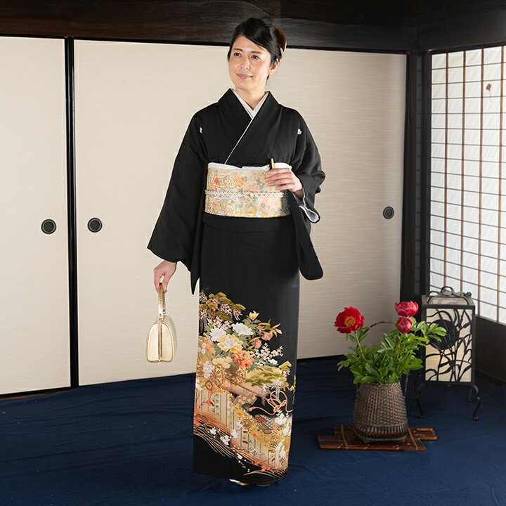 Rakuten - ゆったりサイズ【留袖 レンタル フルセット】【往復送料無料】高級正絹 留袖 レンタル 花車 TS-MA566L 幅広 結婚式 母親 衣装 黒留袖 レンタル留袖 結婚式母親 親族 留袖 式典 叙勲 留袖 レンタル 幅広 大きいサイズ Lサイズ