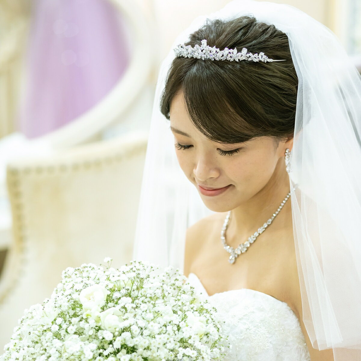 シルバー ヘッドドレス ブライダル ヘアアクセサリー 小枝 かすみ草 結婚式