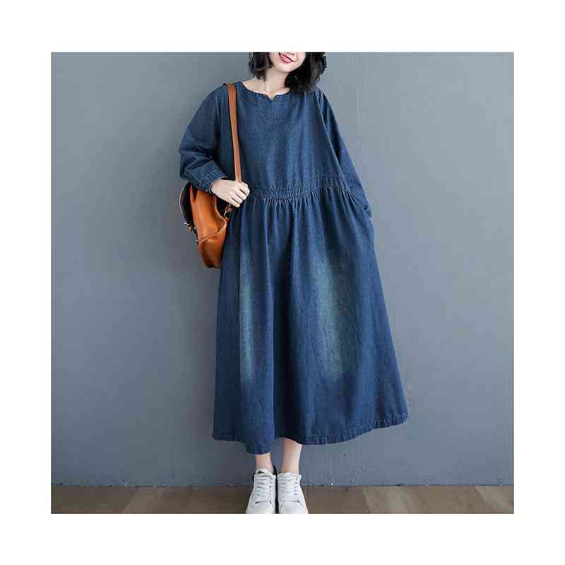ワンピース レディース 長袖 デニムワンピース マキシワンピー ロングワンピース プルオーバーマキシ丈 カジュアル 体型カバー 着痩せ aライン 大人 きれいめ ママ ビッグシルエット ゆったり