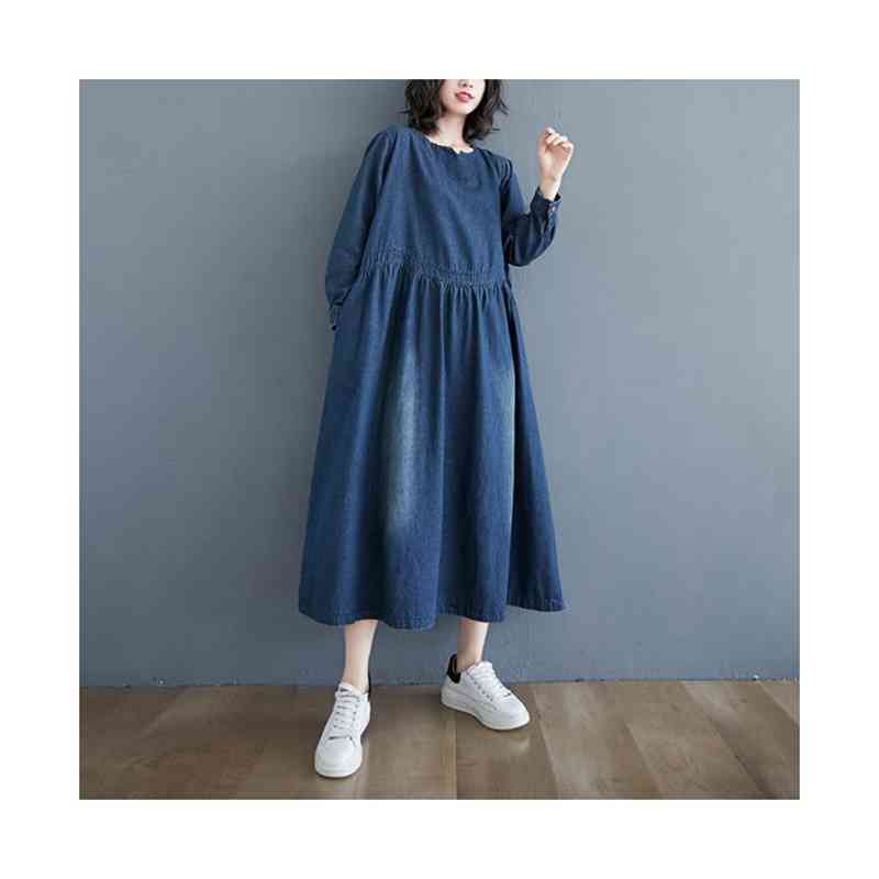 ワンピース レディース 長袖 デニムワンピース マキシワンピー ロングワンピース プルオーバーマキシ丈 カジュアル 体型カバー 着痩せ aライン 大人 きれいめ ママ ビッグシルエット ゆったり