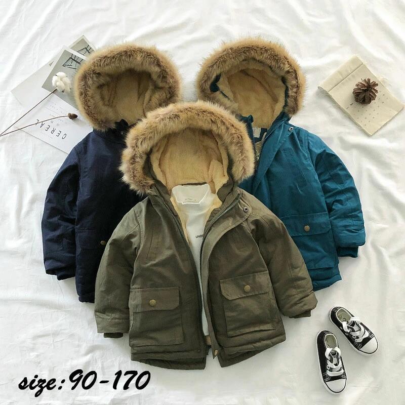 樂天商城 - 中綿コート キッズ ロングコート 裏起毛 裏ボア アウター ジャケット 冬服 韓国子供服 男の子 フード付き 赤ちゃん 通学 厚手 防寒 アウトドア 冬物 お出かけ カジュアル 可愛い ジュニア服 卒園式/入学式/パーティ 90-170cm ネイビー イエロー ブルー オリーブ