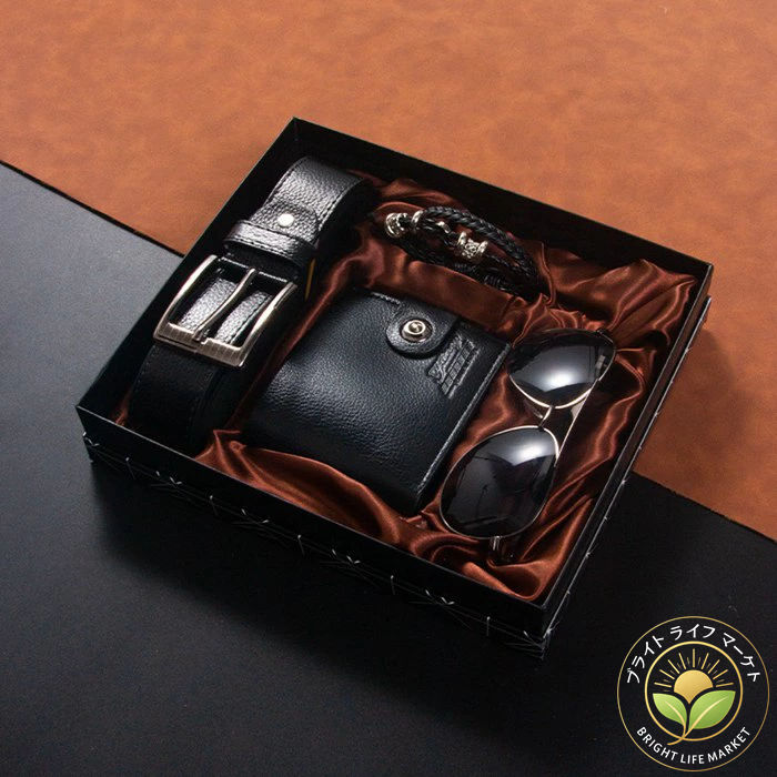 プレゼント 敬老の日 父の日 記念日 夫婦 メンズギフトセット 編み込みブレスレット 財布サングラス ベルト 4点セット セット