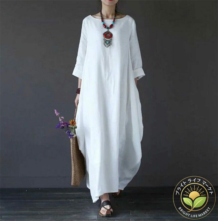 クルーネック 七分袖 バルーンワンピース リネン コクーンワンピース 長袖 綿麻 レディース ロングワンピース ロング 春