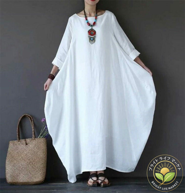 クルーネック 七分袖 バルーンワンピース リネン コクーンワンピース 長袖 綿麻 レディース ロングワンピース ロング 春