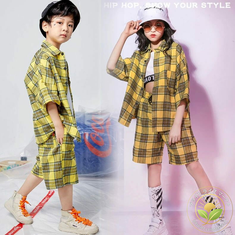 キッズダンス衣装 セットアップ 男の子 女の子 上下セット 黄 チェック シャツ 半袖 イエロー ショート..
