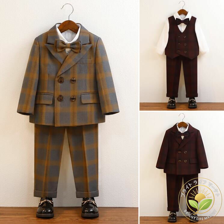 子ども セットアップ ジャケット＋ベスト＋パンツ＋蝶ネクタイ+ブローチ 上下5点セット スーツキッズ 男の子 子供スーツ スーツ
